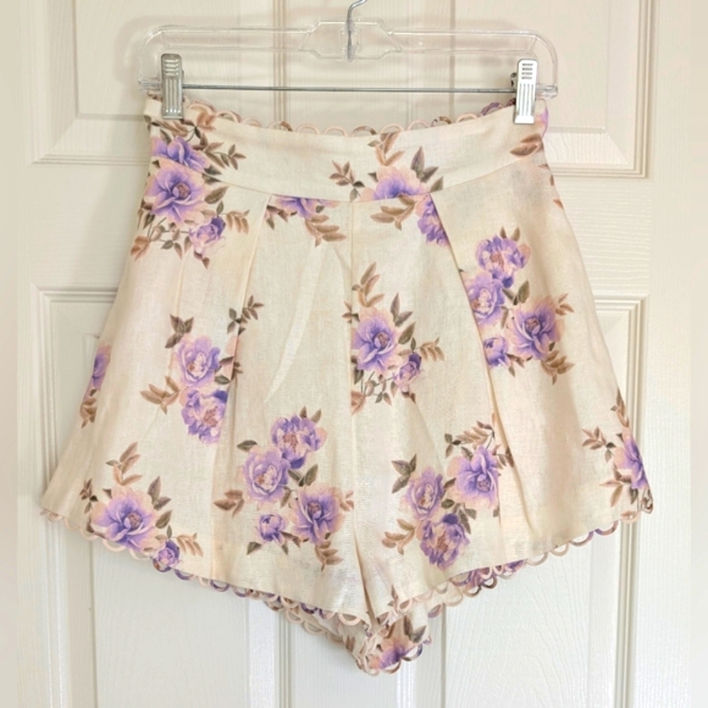 NWOT Zimmermann Cream and Lavender Floral High Waist Embellished Shorts Sz 1